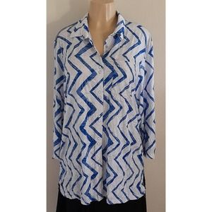 Shana Apparel Blue Crinkle Mixed Print Button up Tunic Shirt Size M